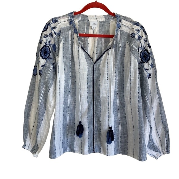 New Directions Embroidered Boho Split Neck Peasant Blouse Blue White Tassels XL - Picture 1 of 16